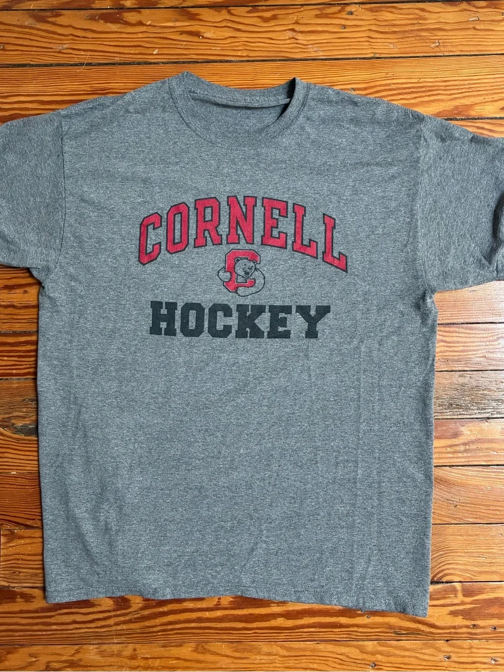 Cornell Hockey Grey Tee with Red Lettering